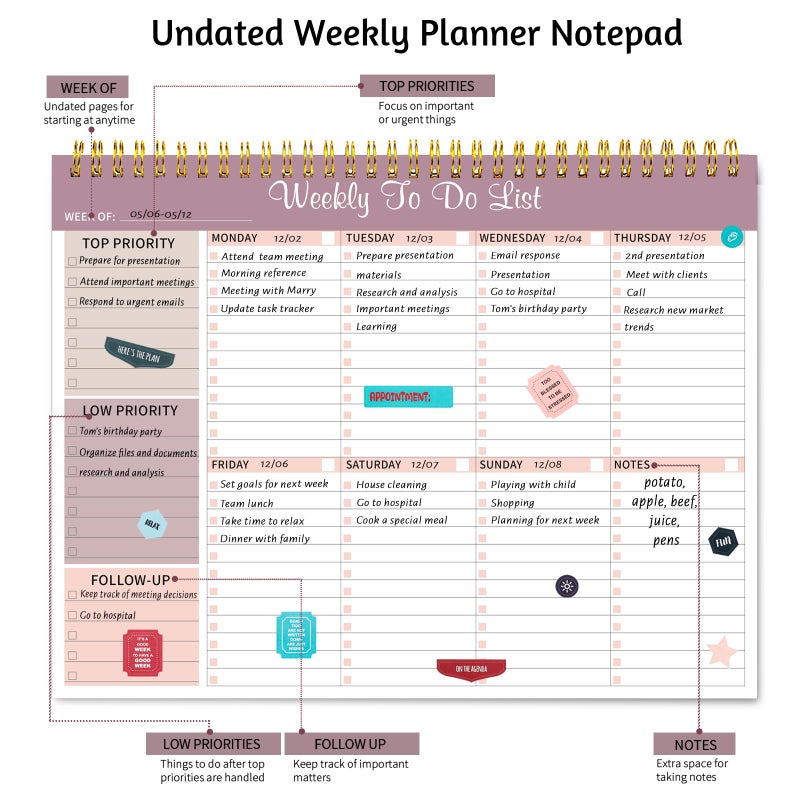 مفكرة قائمة المهام الأسبوعية، مقاس 8.5 × 11 بوصة، مخطط مكتبي أسبوعي مع 52 ورقة قابلة للتمزيق، مخطط أسبوعي غير مؤرخ، متتبع للعادات ومنظم للإنتاجية للمنزل والمدرسة والعمل، لون أرجواني فاتح - Image 3
